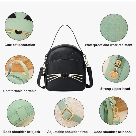 Black Cat Design Women's Bag Mini Shoulder Bag Handbag,Cute Stylish Casual Bag - Picture 5 of 6